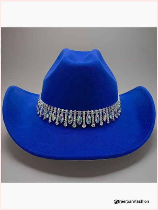 Wide Brim Cowgirl Hat with Rhinestones and Gem Tassels